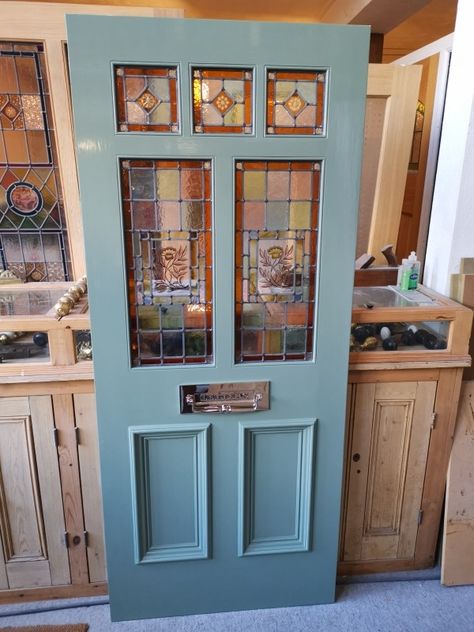 A Pretty Stained Glass Front Door - Stained Glass Doors Company Front Door With Stained Glass Window, Stained Glass Front Door Side Panels, Front Door Stained Glass Window, Georgia Cottage, Stained Glass Front Door, Victorian Stained Glass Panels, Baltimore House, Stained Glass Doors, Door Paint