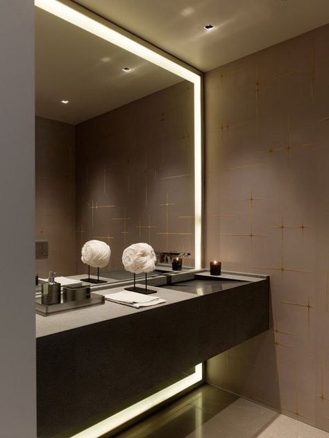 Sky high glamour showcased in Russian Hill Home Klein Toilet, Bathroom Mirror Design, Modern Bathroom Mirrors, Spiegel Design, Bathroom Model, Bathroom Mirror Lights, Small Toilet, Toilet Design, Trendy Bathroom