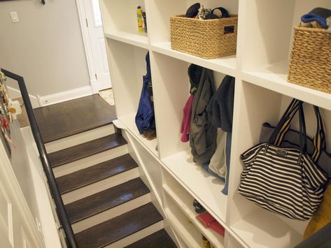 Tuck a mudroom anywhere you can find space, even along the stairs Stairway Storage, Entry Remodel, Basement Stairway, Split Entry Remodel, Basement Stairwell, Stairwell Ideas, Basement Staircase, Finish Basement, Basement Steps