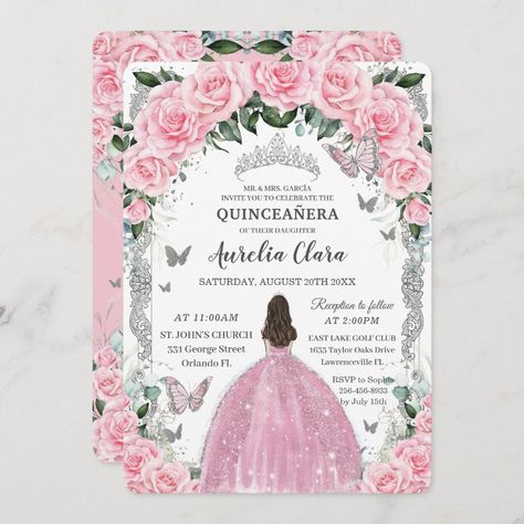 Pink Ball Gown Dress, Quinceanera Invites, Quinceañera Invitations, Invitations Quinceanera, Quinceanera Pink, Rose Gold Princess, Princess Invitation, Flower Birthday Party, Quince Invitations