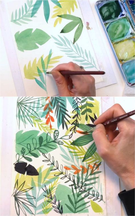 How to paint beautiful & easy watercolor leaves: 12 best art tutorials & videos on painting simple leaves, branches, tropical foliage, etc! – A Piece of Rainbow #watercolor #leaves #leaf #flowers leaf, boho, décor, #painting #artsandcrafts arts and crafts, #art #painting #video #tutorial #watercolour, watercolour, #aquarelle aquarelle, beginner, spring, summer, art, flower, lessons, #spring #summer Tropical Leaf Abstract Art, Tropical Art Painting Watercolors, Spring Art Watercolor, Easy Plant Watercolor Paintings, Easy Art Project Ideas, Boho Watercolor Painting Easy, Boho Painting Videos, Painting Leaves Acrylic Easy, How To Paint Leaves Acrylic