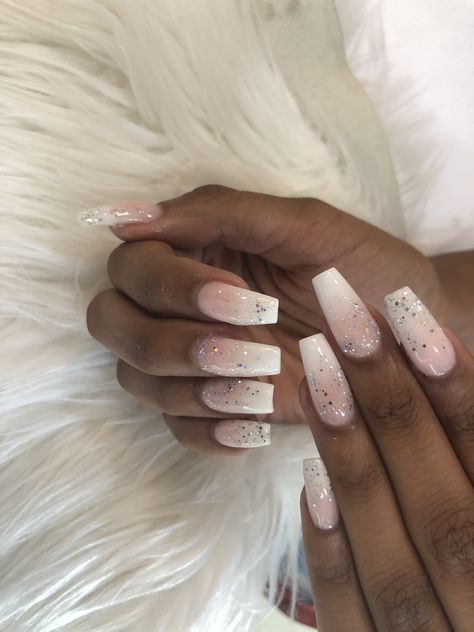 My nails- pink and white ombré with gel polish for the sparkles ✨ Sparkle To White Ombre Nails, Sparkle Ombré Nails, Pink And White Ombre Nails With Glitter, Sparkle Ombre Nails, Dark Red Hair With Brown, Christmas Nails Glitter, Lip Artwork, Acrylic Nail Designs Coffin, Nails Prom