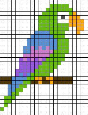 Parrot Cross Stitch Pattern Free, Parrot Cross Stitch, Bird Cross Stitch Pattern, Animals Cross Stitch, Crochet C2c Pattern, Graph Paper Designs, Diy Perler Bead Crafts, Pixel Crochet, Animal Cross Stitch Patterns