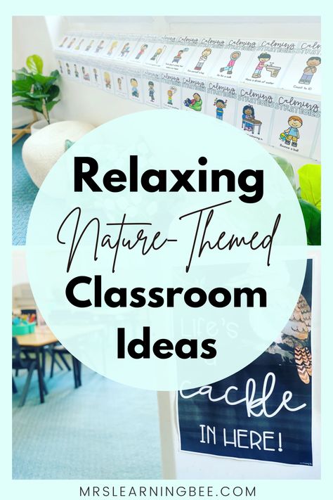 Discover the ultimate blend of tranquility and minimalism with these soothing nature-themed classroom ideas. Bring the beauty of the outdoors into your classroom and create a serene, relaxing learning environment for both you and your students. From calming color palettes to natural elements, these ideas will inspire you to design the perfect sanctuary for learning, reflection, and relaxation. Paint Colors For Calming, Nature Themed Kindergarten Classroom, Calming Station Classroom, Coastal Calm Classroom, Plant Themed Classroom Ideas, Nature Inspired Preschool Classroom, Relaxing Decor Ideas, Therapeutic Classroom Set Up, Classroom Lamps Ideas