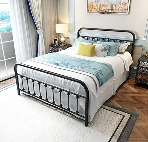 TEMMER Black Metal Bed Frame Queen Size with Headboard and Footboard Single Platform Mattress Base,Metal Tube and Iro... Basic Bed Frame, Queen Size Metal Bed Frame, Full Metal Bed Frame, Bed Frame Queen Size, Wrought Iron Bed Frames, Black Metal Bed Frame, Bed Frame Queen, Black Metal Bed, Mattress Base