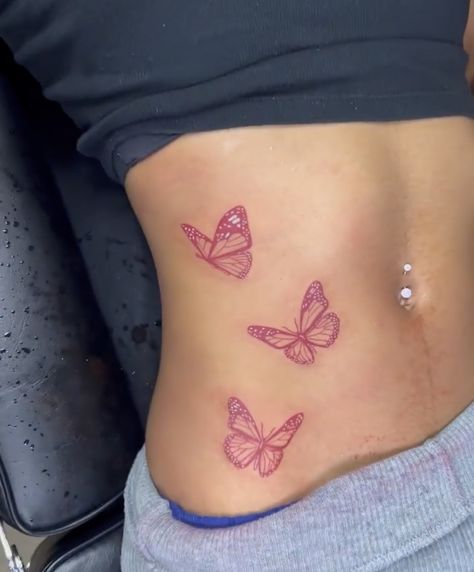 Small Butterfly Tattoo On Stomach, Butterfly Tattoo On Ribcage, Butterfly Belly Tattoo, Tattoo Ideas Female Side Ribs, Lower Waist Tattoo, Butterfly Tattoo Stomach, Butterfly Tattoo Hip, Butterfly Stomach Tattoo, Tattoo Papillon