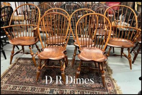 One of many sets of D R Dimes Windsor chairs currently available in our 4,000 sq ft shop. We specialize in vintage American made Windsor chairs and period reproduction tables. Visit us online at www.kantiquesetc.com Windsor Chairs, Farmhouse Tables, Windsor Chair, Farmhouse Table, American Made, American Vintage, Windsor, Period, Farmhouse