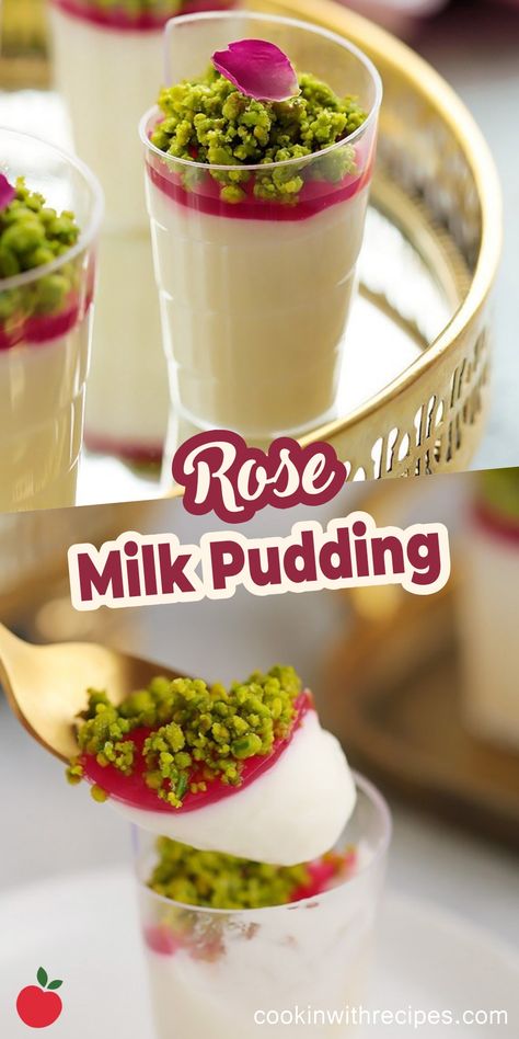 Rose Milk Pudding Recipe - Cooking with Recipes Caramelized Pistachios, Strawberry Parfait Recipes, Milk Pudding Recipe, Easy Indian Dessert, Rose Syrup, Fruit Infused Water Recipes, Mini Dessert Recipes, Milk Pudding, Middle Eastern Desserts