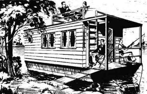 Vacation in a shanty boat - free vintage plans to build a house boat. Houseboat Plans, How To Build Abs, Shanty Boat, Kids Boat, Tiny Boat, Wood Boat Plans, House Boats, Build Your Own Boat, Build A House