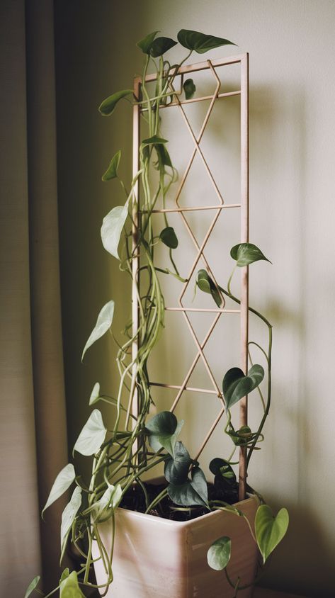 Guide your vines upward with a DIY trellis! Perfect for climbing plants like pothos, adding vertical greenery to your space. See how to make it! #DIYtrellis #indoorplants #smallgardens Plants Climbing Indoor, Diy Plant Climber, Diy Indoor Trellis, Indoor Plant Trellis Ideas, Diy Plant Trellis Indoor, Plant Trellis Ideas, Pothos Climbing, Climbing Plants Indoor, Indoor Gardening Ideas