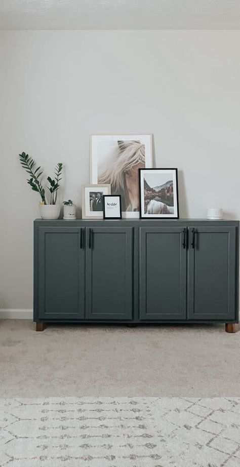 Easy DIY Sideboard Cabinet: How To Build From Stock Cabinets - Simply DIY Home Diy Cabinet Sideboard, Living Room Custom Cabinets, Living Room With Cabinet, Diy Sideboard Cabinet, Entry Way Cabinet Ideas, Buffett Cabinet, Buffet Cabinet Diy, Auckland Apartment, Built In Buffet Cabinet