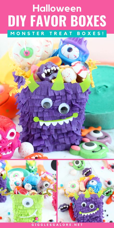 Monster Favor Boxes Stuffed With Candy. With Text Reading: DIY Halloween Monster Favor Boxes. Diy Favor Boxes, Kid Friendly Party, Monster Treats, Halloween Box, Halloween Crafting, Diy Monsters, Halloween Treat Boxes, Creative Party Ideas, Halloween Treats For Kids