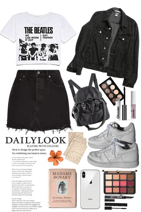 Beatles #beatles #rock #rocktee #bandtee #tee #tshirt #backpack #school #highschool #denimskirt #blackskirt #tennisshoes #sneakers #nike #airforceones #polyvore #shoplook #denimjacket #blackjacket #black #jean #makeup Cute Outfits Grunge, Beatles Outfit, Cloth Ideas, Tennis Shoes Outfit, Quirky Style, Concert Outfits, Outfit Design, Rocker Style, Outfit Jeans