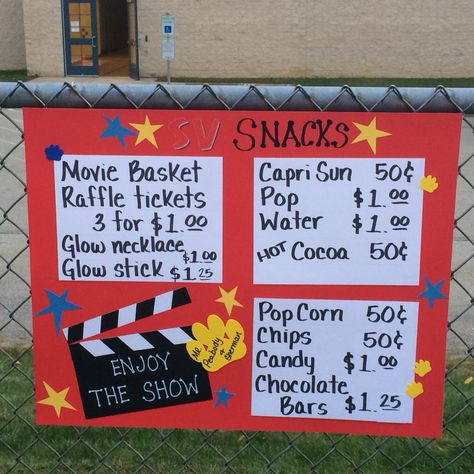 Concession stand sign for movie night. Diy Concession Stand, Movie Night Fundraiser, Fundraiser Ideas School, Concession Stand Sign, Pto Today, Pta Fundraising, Fun Fundraisers, Church Fundraisers, Fundraising Activities