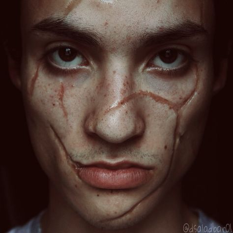 Rigid Collodion Scar, Scarred Face Character, Sfx Scar Wax Makeup, Cracked Skin Makeup, Facial Scarring Oc, Rigid Collodion Makeup, Scars Makeup Halloween, Collodion Makeup, Cool Body Mods