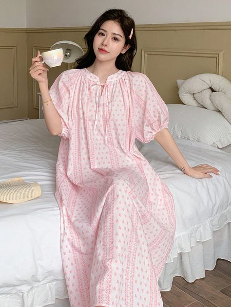 Pink  Collar Half Sleeve Fabric Plain,All Over Print Nightgowns Embellished Non-Stretch All Women Sleep & Lounge Night Gown Cotton, Simple Dress Casual, Cotton Night Dress, Nightwear Dress, Pajama Fashion, Salwar Designs, Fashion Top Outfits, Baby Dress Design, Fashion Drawing Dresses