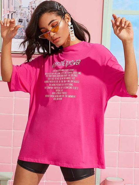 Latest T Shirt, Tshirt Outfits, Satin Slip, Women T Shirts, Pink Tshirt, Shein Tops, Shein Style, Oversized Tee, Print Top