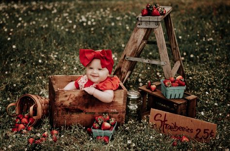 sweet strawberry session 6 month old baby Berry First Birthday Photoshoot Outside, One Year Strawberry Pictures, 6 Month Strawberry Photoshoot, Outdoor Strawberry Cake Smash, Strawberry Milestone Pictures, Berry Sweet One First Birthday Photo Shoot, Strawberry Stand Photoshoot, 6 Month Spring Photoshoot, First Birthday Strawberry Photoshoot