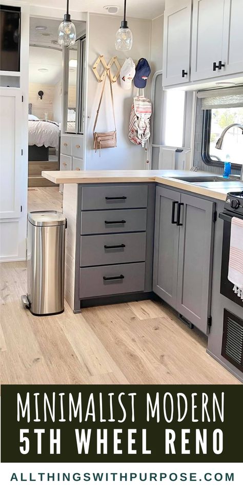 Rv Grey Cabinets, Renovated Fifth Wheel Camper, Fifth Wheel Decor, Renovated Fifth Wheel, Rv Cabinets Remodel, 5th Wheel Camper Makeover, Fifth Wheel Remodel, Camper Flip, Rv Kitchen Remodel