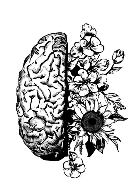 Skull And Brain Tattoo, Brain And Flowers Drawing, Brain And Flower Tattoo, Anatomical Tattoo Human Anatomy, Brain Tattoo With Flowers, Brain Flower Tattoo, Anatomical Brain Tattoo, Flower Brain Tattoos, Human Anatomy Tattoo