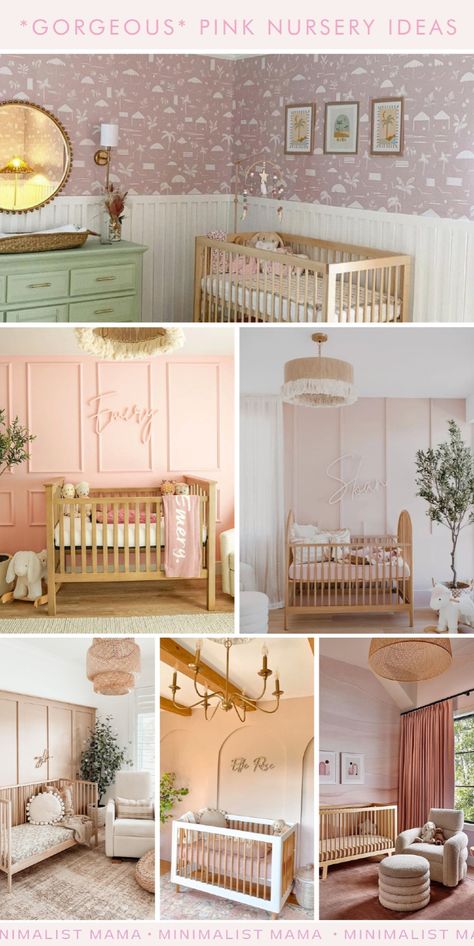 Searching for pretty pink nursery ideas for your baby girl nursery? This round-up of seriously stunning baby girl nurseries is sure to help you create a dreamy pink nursery room! Whether you’re looking for pink nursery décor, aesthetic, walls, wallpaper, paint colors, or accent wall, we have the perfect light pink, dusty pink, blue, and sage green and pink nursery ideas. Click through for all of the best pink girl nursery themes and pink baby room ideas. Light Pink And Sage Nursery, Pink Dresser Nursery, Pink Nursery Colors, Pink Brown Nursery, Pink Nursery Ideas, Pink Toddler Bedroom, Pink Girl Nursery, Pink Nursery Room