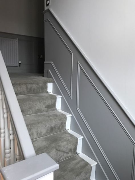 Stair Panels - The Wall Panelling Company Grey Hallway Ideas, Wall Paneling Ideas Living Room, Stair Paneling, Grey Hallway, White Staircase, House Staircase, Hallway Inspiration, Narrow Hallway Decorating, Hallway Designs