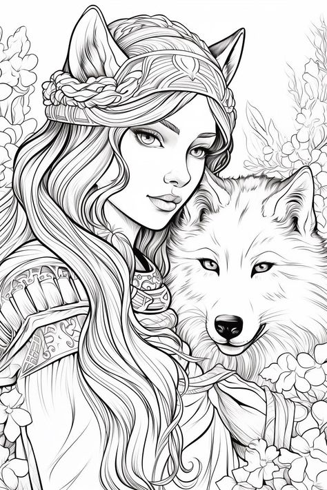 Woman And Wolf, Female Wolf, Wolf Warrior, Forest Coloring Book, Forest Backdrop, Serene Forest, Wolf Warriors, Color Drawing Art, Adult Coloring Designs