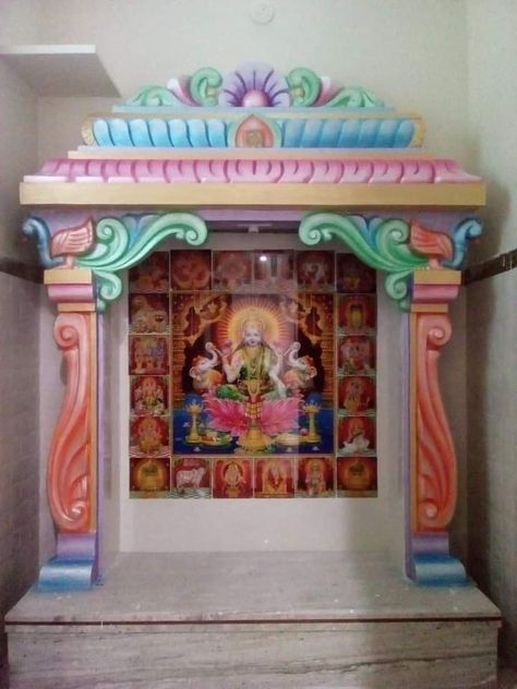 God Room Designs, Tharmokol Art, Tamil Temple, Thermocol Art, Puja Decoration, Temple Painting, Cement Work, Decorative Pillars, Ganpati Decoration At Home