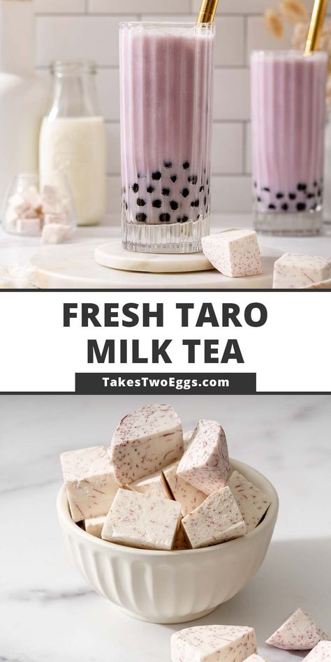 This taro milk tea recipe made with real sweet, and creamy taro root, jasmine green tea, and milk is a delicious and vibrant purple drink that tastes better than your local bubble tea shop! This is such an easy drink to make in the comfort of your home and is incredibly refreshing to drink. Taro Tea Recipe, Taro Milk Tea Recipe, Sake Drinks, Jasmine Milk Tea Recipe, Soju Drinks, Taro Recipes, Drinks Milk Tea, Milk Tea Recipe, Taro Bubble Tea