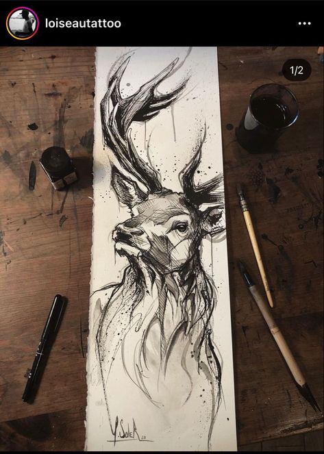 Stag Tattoo Design, Best Wood For Carving, Deer Sketch, Stag Tattoo, Deer Drawing, Deer Tattoo, Animation Art Sketches, Desenho Tattoo, Art Painting Gallery