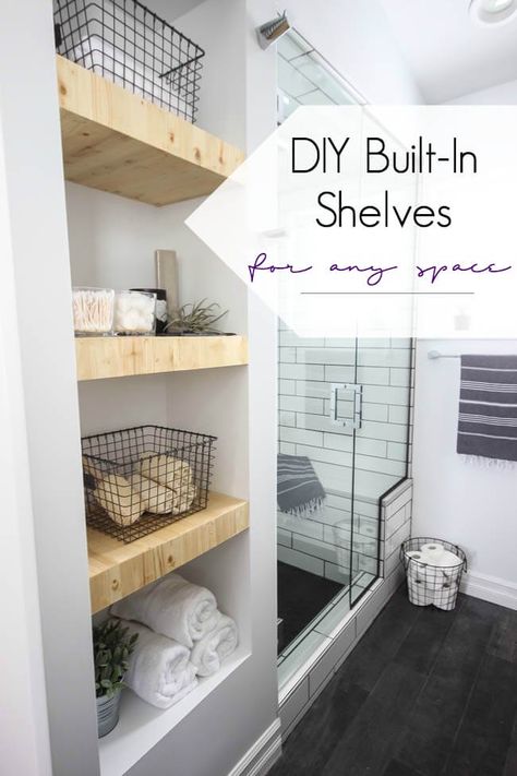 25 Best Built-in Bathroom Shelf and Storage Ideas for 2019 Shelves In Bathroom, Built In Bathroom Storage, Diy Built In Shelves, Shelves Bathroom, Stairs In Living Room, Bathroom Wall Shelves, Bathroom Storage Shelves, Diy Dresser, Diy Furniture Easy