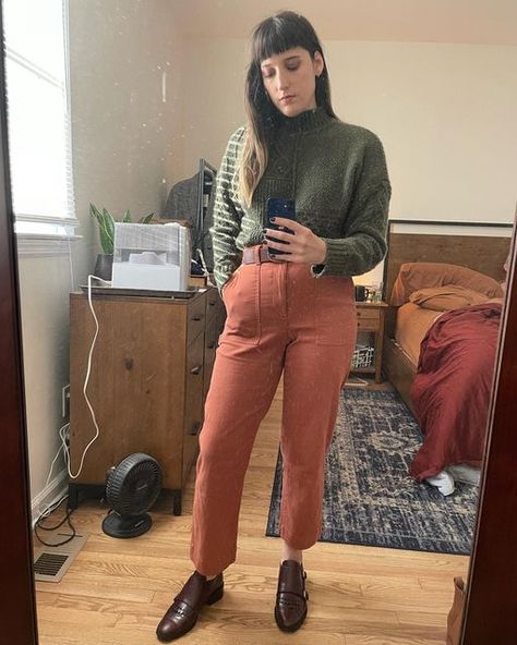 Lauren on Instagram: "Another day another bold color combo. I feel like I was sleeping on olive in my wardrobe and I am loving this olive sweater with these pumpkin pants! I finished off the outfit by adding these burgundy shoes. What do you guys think of this color combo? Would you rock it? #orange #sweaterweather #menswear #pumpkin #ootd" Pumpkin Pants, Olive Sweater, Burgundy Shoes, I Am Loving, My Wardrobe, You Rock, Bold Color, Another Day, Color Combo