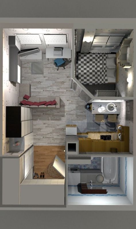 3D plan Top view amazing Ideas - Engineering Discoveries 30 M2 Apartment Floor Plans, Square Apartment Layout, 30m2 Apartment Plan, 30 M2 Apartment, Apartment 30m2, Design Case Mici, Studio Apartment Floor Plans, Apartemen Studio, Studio Layout