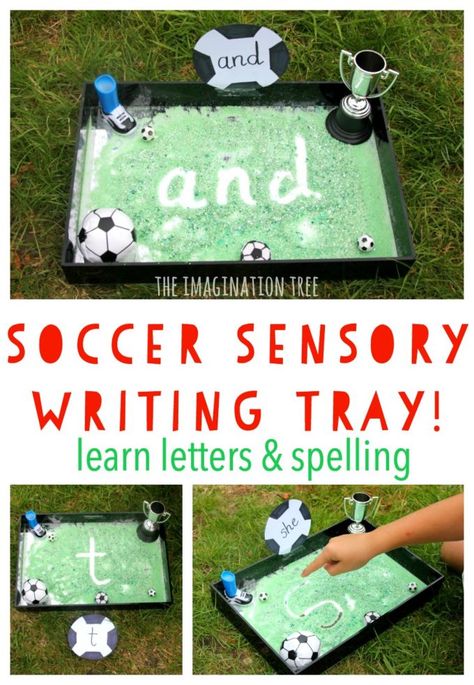 Soccer sensory writing tray; literacy activity for kids! Sports Theme Sensory Activities, Sports Eyfs Activities, Sports Tuff Tray Ideas, Soccer Activities For Preschool, Eyfs Provision, Pumpkin Sensory, Home Activities For Kids, Sensory Writing, Football Activity