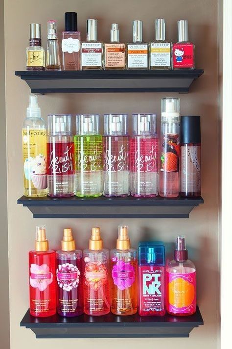 Fragrance shelves girl perfume organize organization organizer organizing organization ideas fragrance Moving Inspiration, Crown Molding Shelf, Drugstore Products, Bathroom Organization Diy, Makeup Room, College Hacks, Tiny Bathroom, Celebrity Beauty, Crown Molding