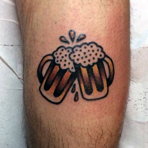 Beer Matching Tattoos, Beer Flash Tattoo, Beer Tattoo Design, Old School Beer Tattoo, Traditional Beer Tattoo, Cool Simple Tattoos, Simple Leg Tattoos, Beer Tattoos, Barber Tattoo