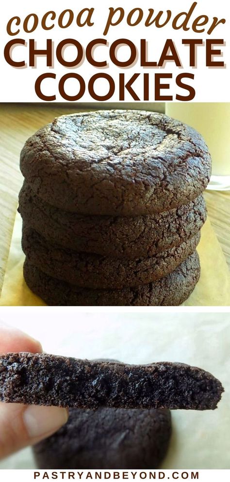 Collage for cocoa powder cookies with text overlay. Cookies Made With Cocoa Powder, Chocolate Cookies With Cocoa Powder, Cookies With Cocoa Powder, Powder Cookies, Chocolate Sugar Cookie Recipe, Soft Chocolate Cookie, Chocolate Drop Cookies, Cocoa Powder Recipes, Cocoa Powder Cookies