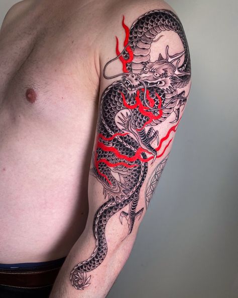 Japanese dragon done by Lidia Depablo Dragon Japanese Tattoo, Grey Dragon, Dragon Japanese, Japanese Dragon Tattoo, Illustration Tattoo, Japanese Dragon, Dragon Tattoo, Japanese Tattoo, Tattoo Ideas