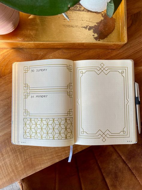 Art Deco Journal Theme, Magic Bujo Theme, Bujo Frame Ideas, Library Bujo Theme, Art Deco Doodles, Bujo 2024 Ideas, Bujo Book Theme, Art Deco Bujo, Bujo Frames