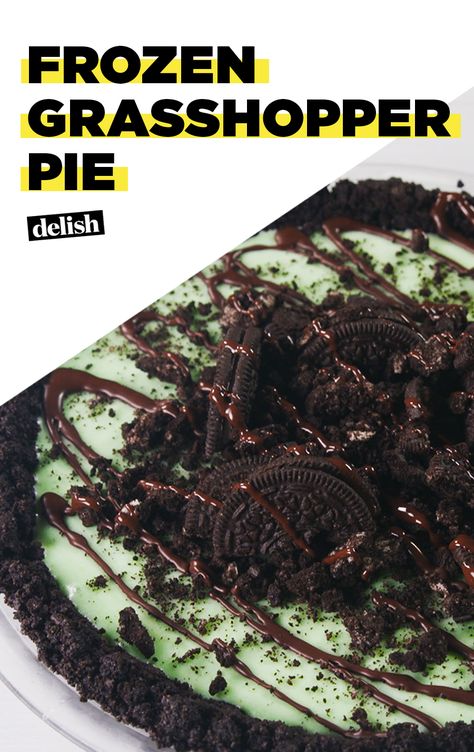 If you're obsessed with Andes Mints, this Frozen Grasshopper Pie will blow your mind. Get the recipe at Delish.com. #recipe #easy #easyrecipe #pie #dessert #dessertrecipe #mint #chocolate #oreo #cookie Frozen Grasshopper Pie, Grasshopper Pie Recipe, Grasshopper Cocktail, Grasshopper Pie, Frozen Pie, Bread Snacks, Refreshing Desserts, Perfect Pies, Delish Recipes