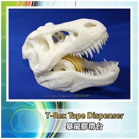 T-Rex Tape Dispenser by shiuan - Thingiverse Desk Office Decor, 3d Printing Ideas, Wall Mounted Spice Rack, Tape Dispensers, Cute Dino, 3d Printing Diy, 3d Printing Projects, Skull Clothing, Tape Dispenser