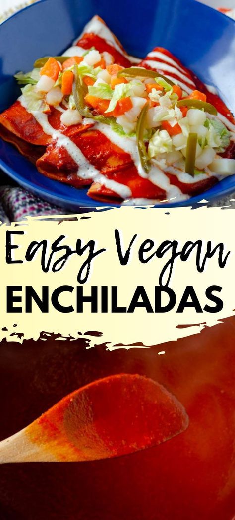 Easy Vegan Enchiladas, the ultimate Mexican comfort food. These are filled with sautéed mushrooms, and vegan cheese, and topped with a vegan crema #veganmexican #veganenchiladas #vegandinner Guajillo Enchilada Sauce, Enchiladas Mineras, Potato And Mushroom, Gluten Free Corn Tortillas, Potato Enchiladas, Mushroom Vegan, Vegan Enchiladas, Vegan Mexican Recipes, Enchiladas Recipe