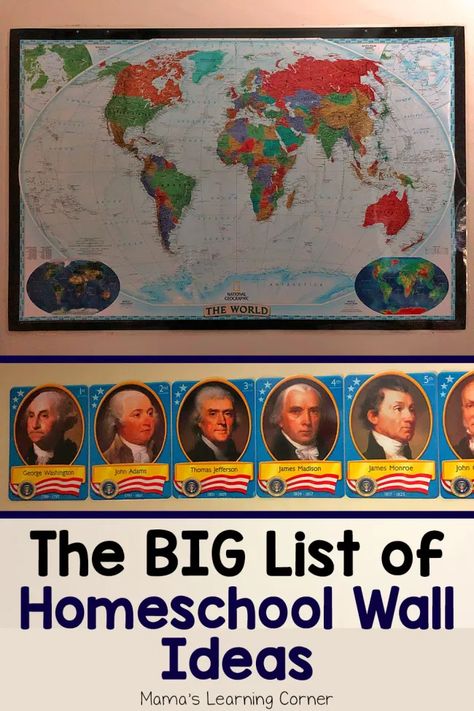 The BIG List of Homeschool Wall Ideas - Mamas Learning Corner Bulletin Board Ideas Homeschool, Homeschool Room Wall Ideas, Homeschool Poster Display, Homeschool Learning Wall, Homeschool Reading Corner, Homeschool Bulletin Board Ideas, Homeschool Wall Ideas, Homeschool Wall Decor, Homeschool Corner