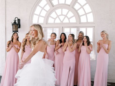 What a special moment for this bride & her bridesmaids!  See more of this LoveShackFancy Inspired Downtown Wedding on Wed Society® | San Antonio. Peony Pink Bridesmaid Dresses, Spring Wedding Bridesmaids Dresses Pink, Beautiful Pink Dresses, Bridesmaids Aesthetic, First Look With Bridesmaids, Pastel Pink Bridesmaid Dresses, Wedding Miscellaneous, Bride To Be Decorations, Light Pink Bridesmaids