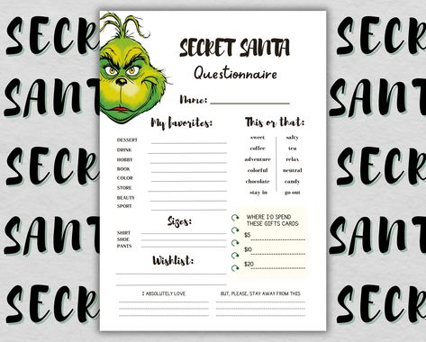 Make Secret Santa even more exciting! This fun Grinch Questionnaire is perfect for coworkers, featuring unique questions for office gift exchanges. Printable and easy to use! 🌟 What are you getting? . Grinch Secret Santa Questionnaire Simply download, print, and start uncovering your coworkers holiday wishes with this Secret Santa Questionnaire -- making gift exchanges fun and memorable! 🌟 Feel free to reach out with any questions. Happy creating! 🌟 🎄 Office / Grinch Christmas Games 🎄 https Christmas Games For Coworkers, Secret Santa Questionnaire For Family, Grinch Christmas Games, Gift Exchange Questions, Secret Santa Questionnaire For Coworkers, Gift Exchange Questionnaire, Secret Santa Survey, Work Gift Exchange, Santa Questionnaire