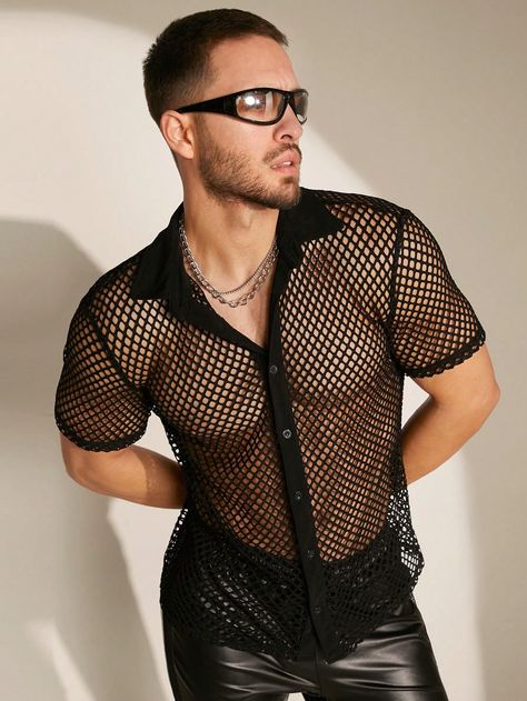 Men's Loose Casual Fishnet Knitted See Through Shirt, Slim Fit Short Sleeve Button Up Party Sexy Shirt, Boyfriend Gift Multicolor Sexy,Street  Short Sleeve Mesh Fabric Plain Shirt Non-Stretch  Men Clothing, size features are:Bust: ,Length: ,Sleeve Length: Club Wear Men Night, Club Fit Men, Succubi Aesthetic, Men Club Outfit Night, Gay Club Outfit, Club Outfits Men, Clubbing Outfits Nightclub, Fishnet Shirt, Fishnet Outfit