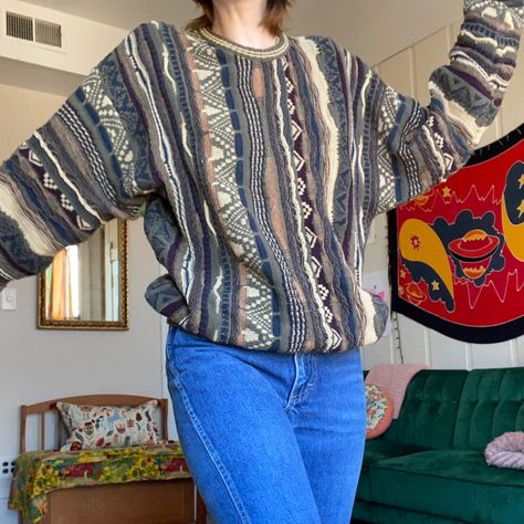 Coogi Sweater Outfit Women, Coogi Sweater Outfit, Earth Tones Sweater, Colorful Grandpa Sweater, Grunge Grandpa Sweater, Striped Grandpa Sweater, Coogi Sweaters, Sweater Outfit Women, Retro Green Patchwork Sweater