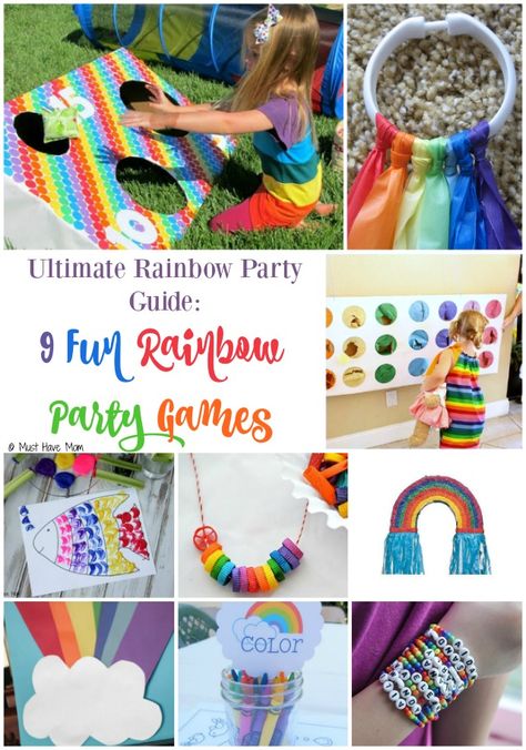 Ultimate Rainbow Party Theme Guide: 9 Fun Rainbow Party Game Ideas & Activities. These rainbow games are perfect for a rainbow party! DIY or buy depending on what you have time for! Rainbow Party Games, Rainbow Party Theme, Rainbow Party Food, Rainbow Games, Rainbow Ideas, 4de Verjaardag, Party Game Ideas, Rainbow Themed Birthday Party, Rainbow Unicorn Party