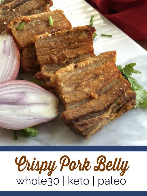 This crispy pork belly is oven baked and then pan seared in ghee to make a delicious protein to go with salad or dipped in your favorite sauce. #whole30 #paleo #keto #lowcarb Porkbelly Crispy Oven, Pork Belly Recipes Crispy Oven, Thinly Sliced Pork Belly, How To Make Pork Belly Crispy, Pork Belly Oven, Roasted Pork Belly Crispy, Morel Recipes, Pork Belly Recipes Crispy, Fried Pork Belly