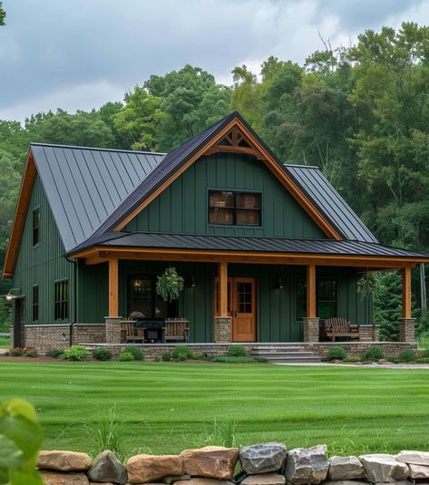 Green Metal House Exterior, Copper Roof Barndominium, Dark Green Barndominium, Barndominium Ideas Exterior Colors, Barndo Plans, Paint Color Ideas, Tin House, Pole Barn House Plans, Barn Style House Plans